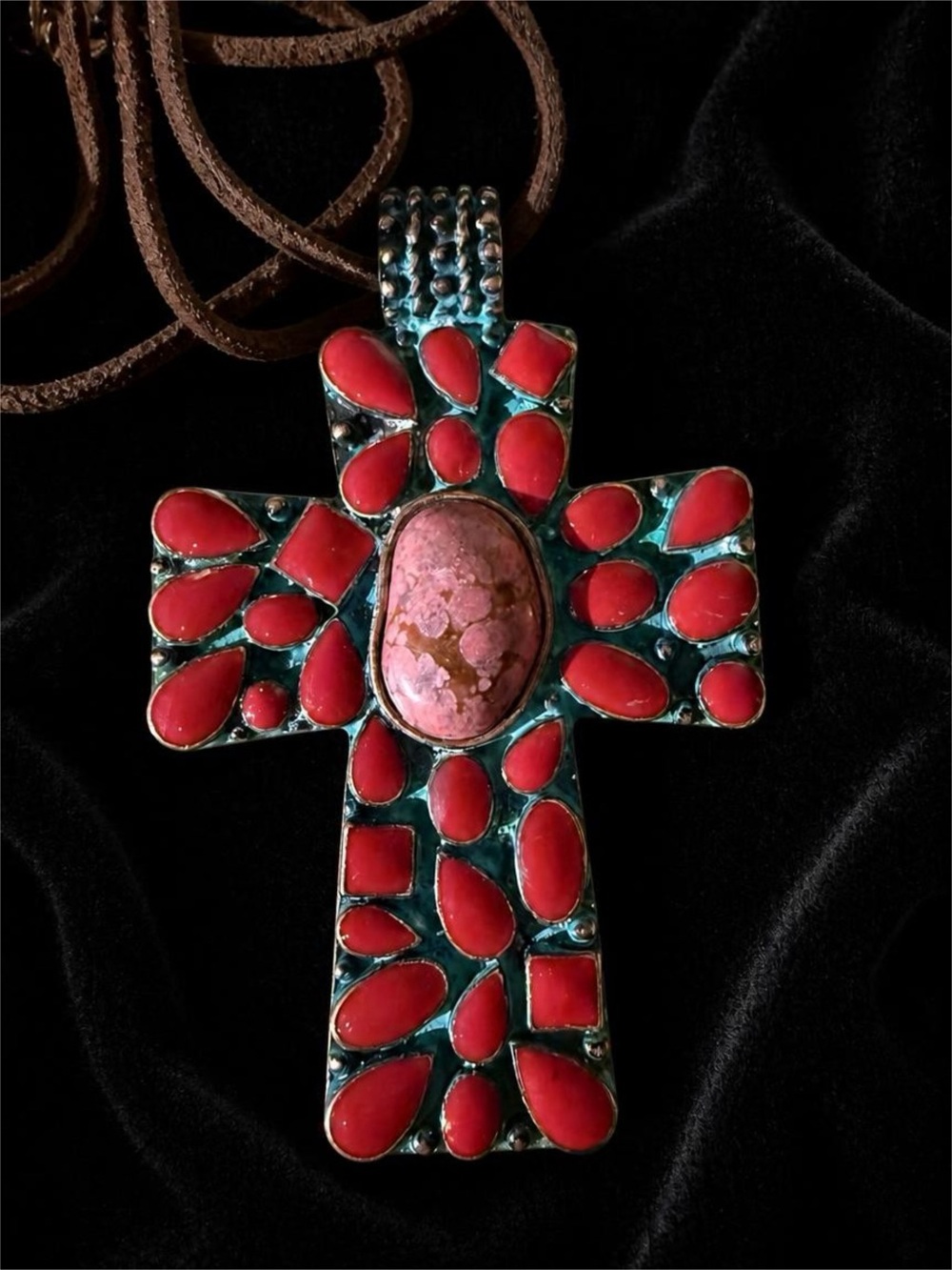 Metal Cross Pendant with Verdigris and Red and Pink Faux Stones on Suede Cord